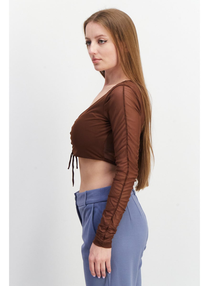 NA-KD - Women V-Neck Long Sleeve Lacing Detail Mesh Top, Brown - Image 1