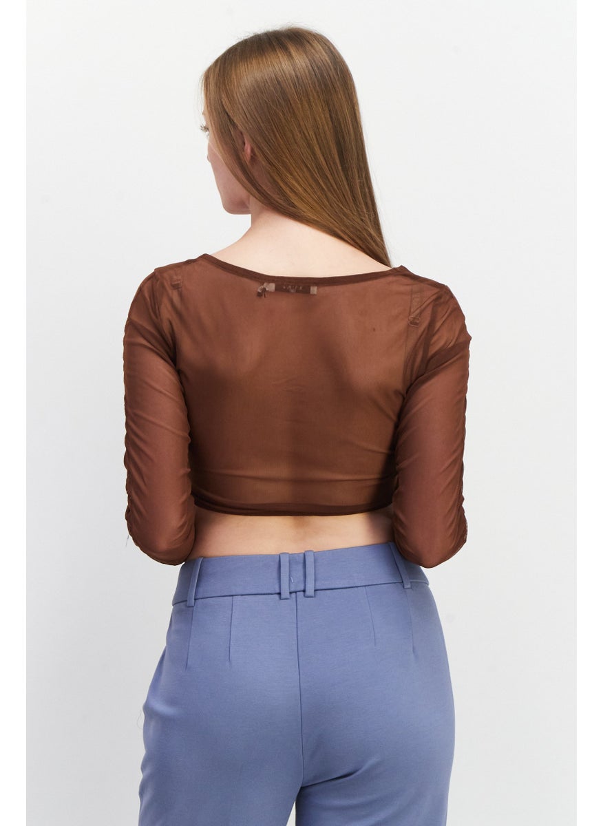 NA-KD - Women V-Neck Long Sleeve Lacing Detail Mesh Top, Brown - Image 1