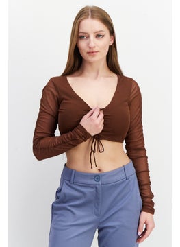 Women V-Neck Long Sleeve Lacing Detail Mesh Top, Brown