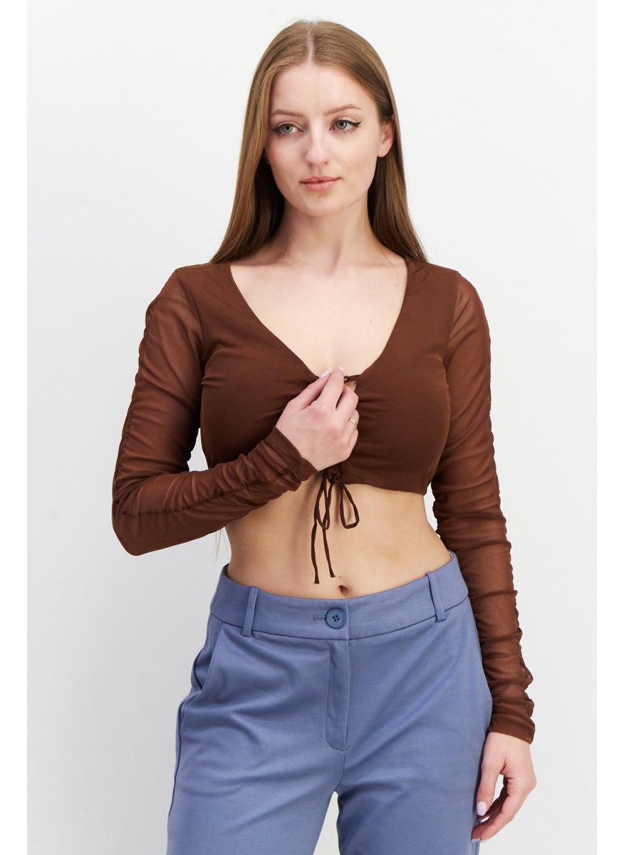 NA-KD - Women V-Neck Long Sleeve Lacing Detail Mesh Top, Brown - Image 1