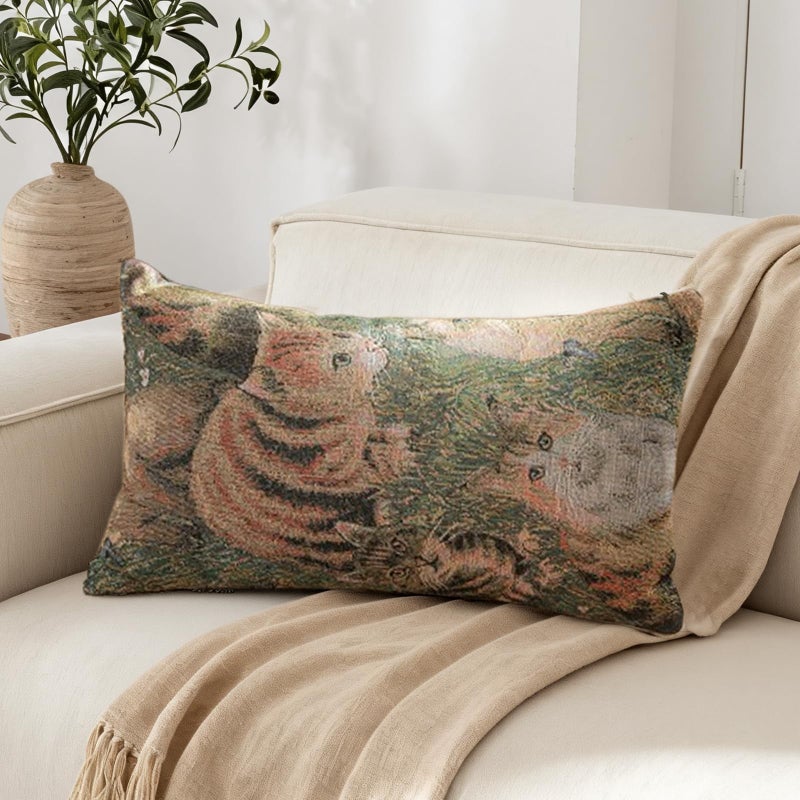 RinRinfam Cute Cat Garden Lumbar Throw Pillow Cover 12x 20, Art Painting Linen Pillow Cushion Cases, Farmhouse Decorative Pillows for Bed, Outdoor Couch Bedroom Car Green - Image 1