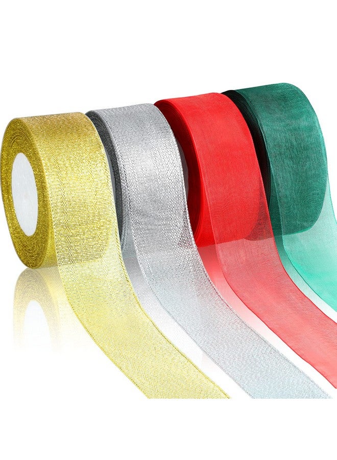 Luinabio 4 Rolls Christmas Ribbon Sheer Organza 1.5 Inch Metallic Glitter Organza Ribbon Gold Silver Red Green Xmas Ribbon For Present Wrapping Christmas Tree Decoration Bow Wreath, 150 Yard Total - Image 1