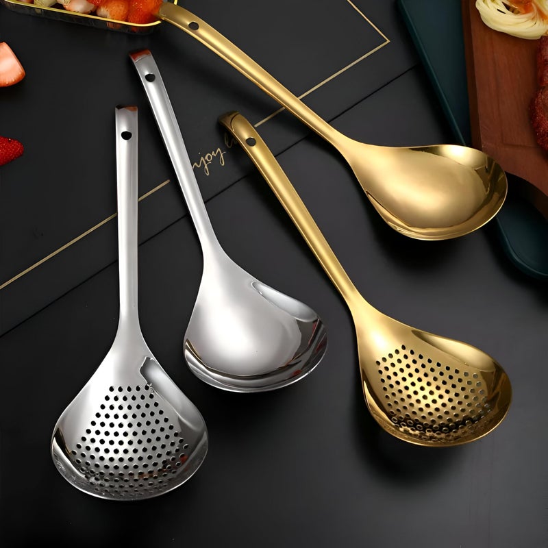 Artisan Strainer - Handcrafted Stainless Steel Kitchen Skimmer and Slotted Spoon Set in Gold and Silver Tones Representing Refined Taste for Everyday Cooking - Image 1