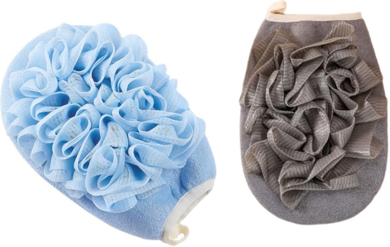 2 Pcs Bath Shower Pouf Sponge 2 in 1 Exfoliating Mesh Pouf Sponge Loofah Bath Glove with Elastic Hand Strap for Women Men Kid Bathroom
