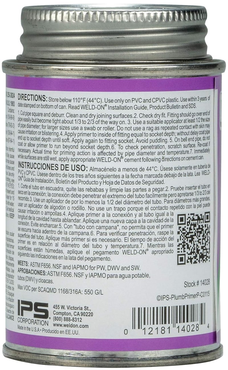 WELDON 14028 Plumbing PVC/CPVC Primer - Fast Acting and Low VOC, Purple, 1/4 Pint (4 fl oz) - Image 2