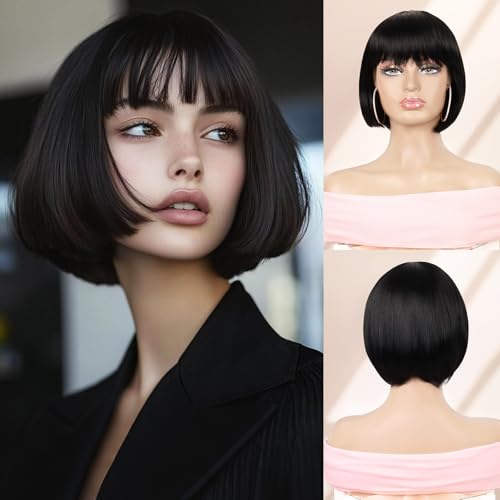 Creamily Short Bob Hair Wig for Women Full Head Natural, Ladies Short Bob Cut Wigs for Women Full Head, Korean Style Blunt Cut Cute Hair Wig (Black, 9 Inch) - Image 1