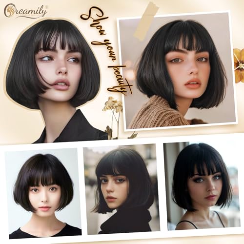 Creamily Short Bob Hair Wig for Women Full Head Natural, Ladies Short Bob Cut Wigs for Women Full Head, Korean Style Blunt Cut Cute Hair Wig (Black, 9 Inch) - Image 3