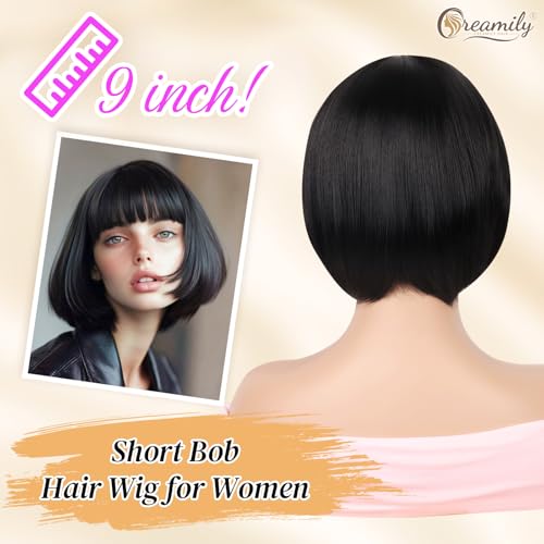 Creamily Short Bob Hair Wig for Women Full Head Natural, Ladies Short Bob Cut Wigs for Women Full Head, Korean Style Blunt Cut Cute Hair Wig (Black, 9 Inch) - Image 5