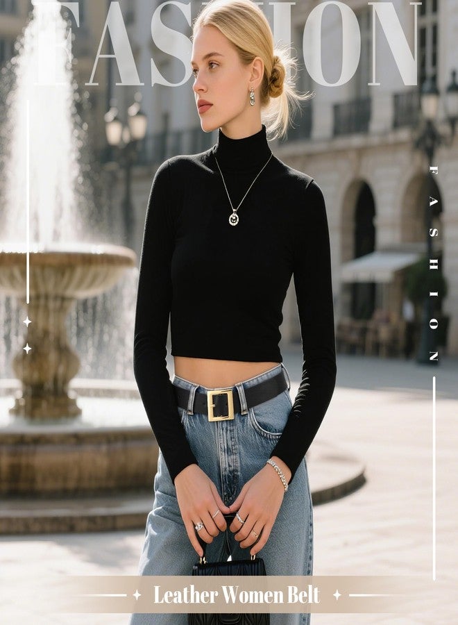 WHIPPY Women Fashion Leather Belt for Jeans Pants Dress Ladies Black Belts with Square Gold Buckle Black, S - Image 2