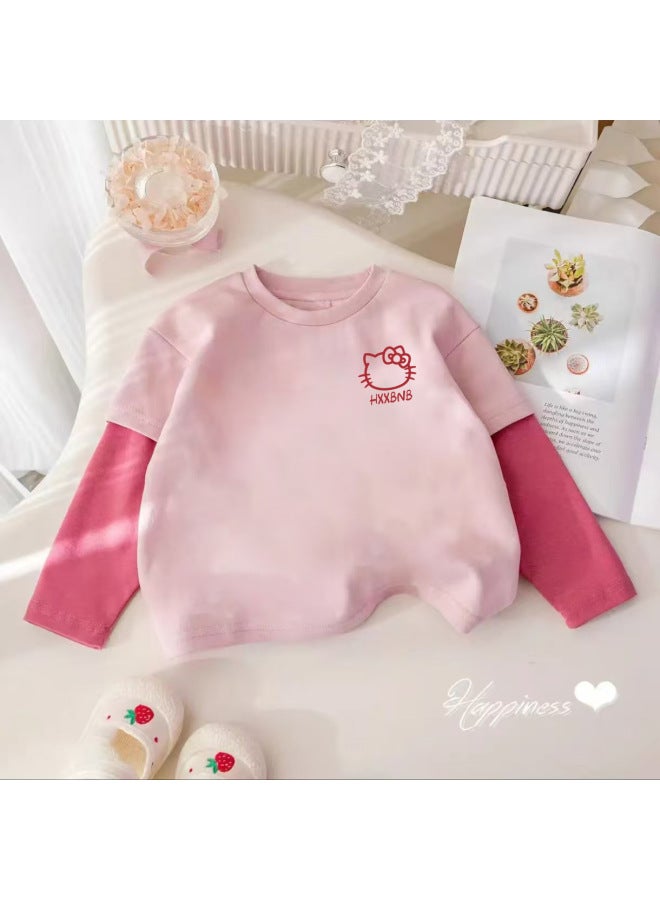 Girls' Long-sleeve T-shirt, Autumn Pure Cotton Round Neck, Faux Two-piece Cartoon Stylish Little Girl Base Shirt, Children's Trendy Top