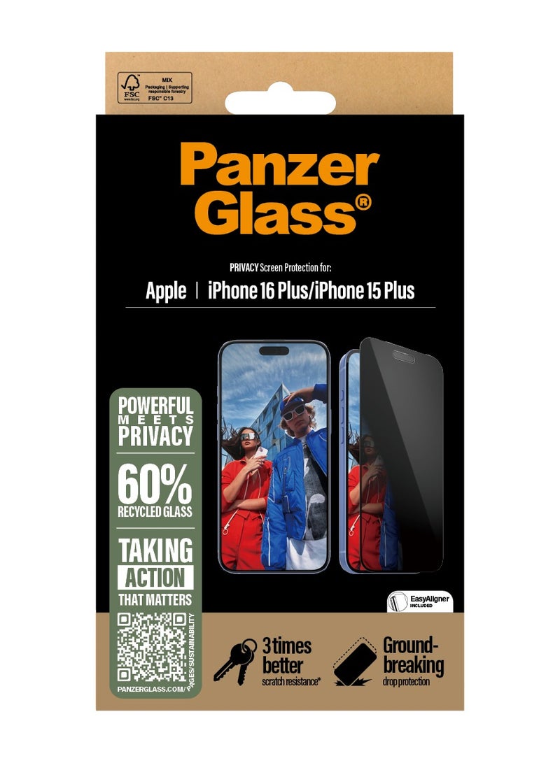 PanzerGlass حماية شاشة بانزر جلاس® للخصوصية لجهاز آبل آيفون 16 بلس زجاج مقسى، مقاومة عالية للخدوش، مقاومة للصدمات، طلاء خالي من البقع - مع مساعدة في التركيب لتسهيل التثبيت - Image 3