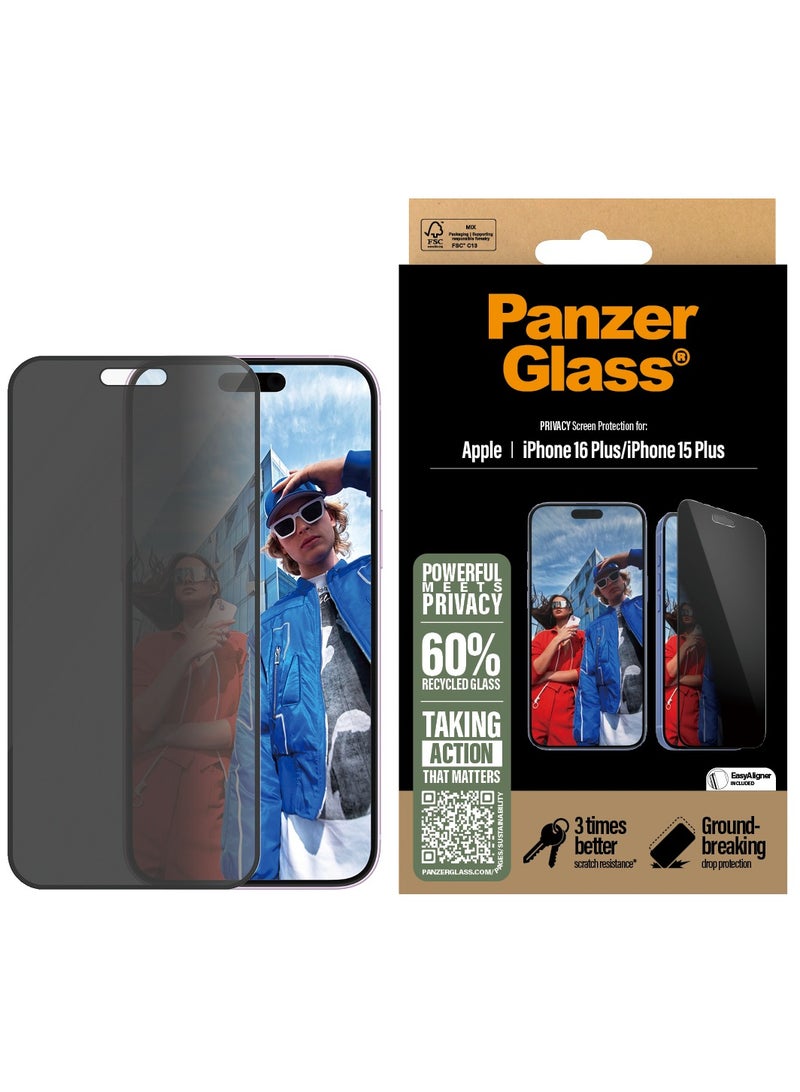 PanzerGlass حماية شاشة بانزر جلاس® للخصوصية لجهاز آبل آيفون 16 بلس زجاج مقسى، مقاومة عالية للخدوش، مقاومة للصدمات، طلاء خالي من البقع - مع مساعدة في التركيب لتسهيل التثبيت - Image 1