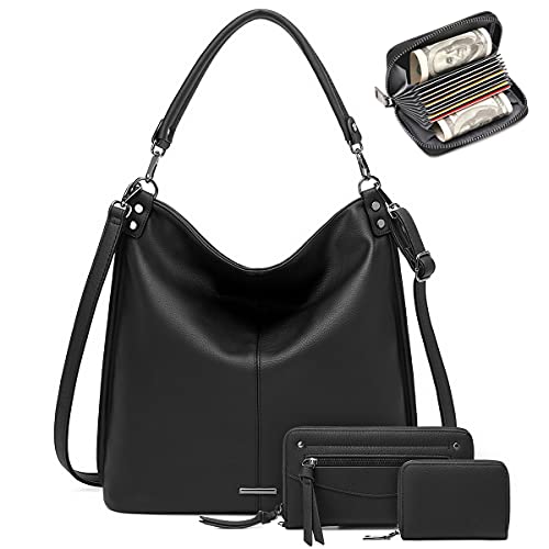 lapsting Hobo Bags for Women Handbags Boho Crossbody Ladies Shoulder Purses Designer Faux Leather with Wallet Black 3PCS Set - Image 1