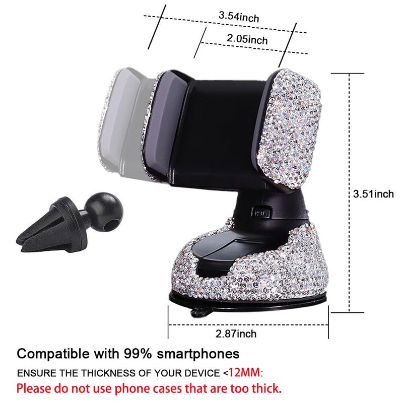 SUNCARACCL Bling Car Phone Holder, 360Â°Adjustable Universal Rhinestone Crystal Auto Phone Mount Stand Accessories for Windshield Dashboard and Air Outlet (White) - Image 3