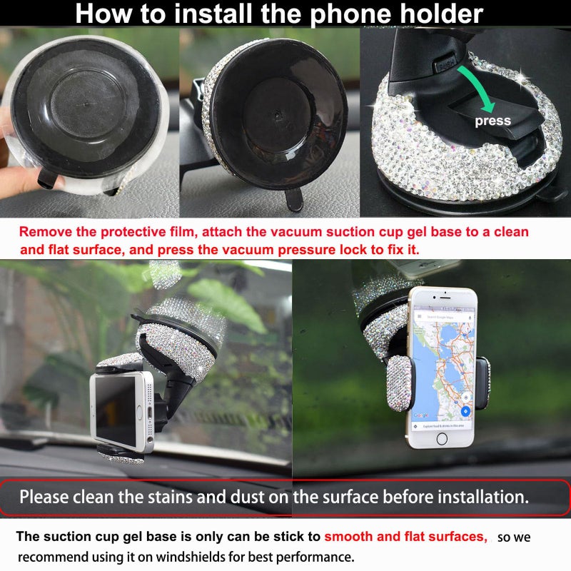 SUNCARACCL Bling Car Phone Holder, 360Â°Adjustable Universal Rhinestone Crystal Auto Phone Mount Stand Accessories for Windshield Dashboard and Air Outlet (White) - Image 2