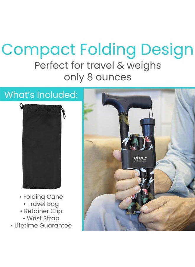 VIVE Folding Cane - Foldable Walking for Men, Women Fold-up, Collapsible, Lightweight, Adjustable, Portable Hand Stick Balancing Mobility Aid Sleek, Comfortable (Black Butterfly)  - Image 2