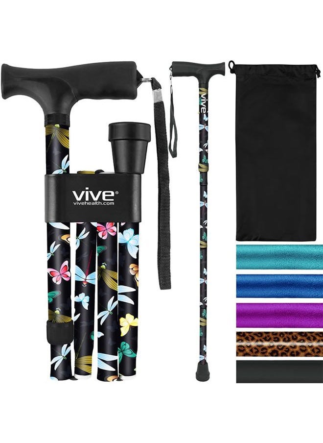 VIVE Folding Cane - Foldable Walking for Men, Women Fold-up, Collapsible, Lightweight, Adjustable, Portable Hand Stick Balancing Mobility Aid Sleek, Comfortable (Black Butterfly)  - Image 1