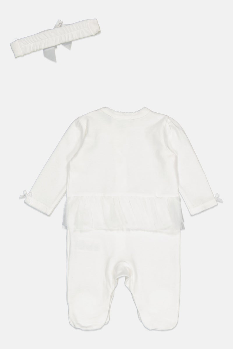 Rock-A-Bye Baby Boutique طقم رومبر بسيط للبنات الصغيرات مكون من 2 قطعة مع رباط رأس، أبيض - Image 3