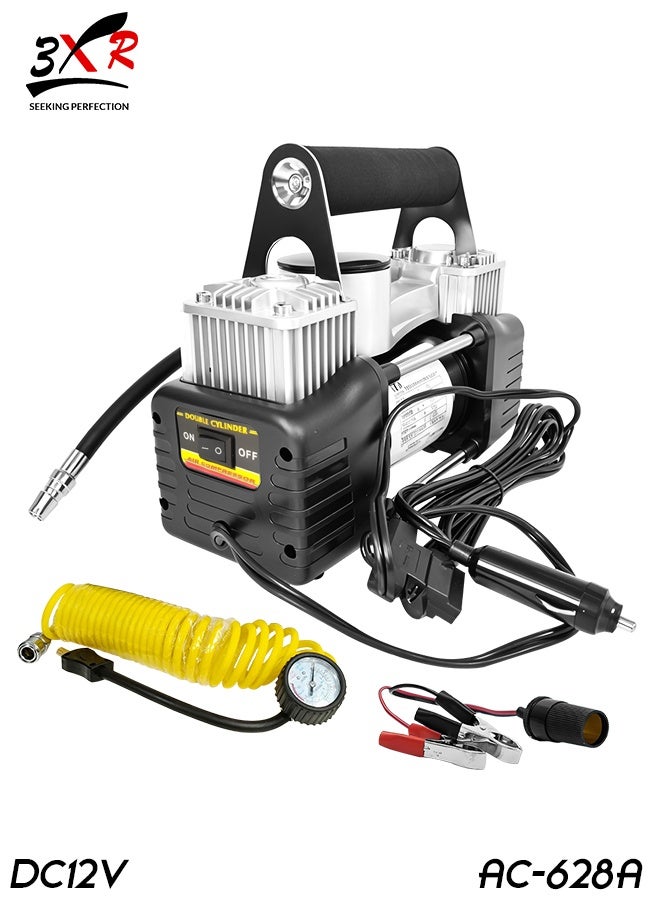 3XR Heavy Duty Double Cylinder Tire Inflator Air Compressor 12V 150PSI Fast Inflation Pump for Car SUV 4x4 Jeep Truck Off-Road Vehicle with Battery Clamps, Cigarette Lighter Plug, Pressure Gauge, Extension Hose, Carry Bag – AC-628A Portable Metal Body Air Pump - Image 1