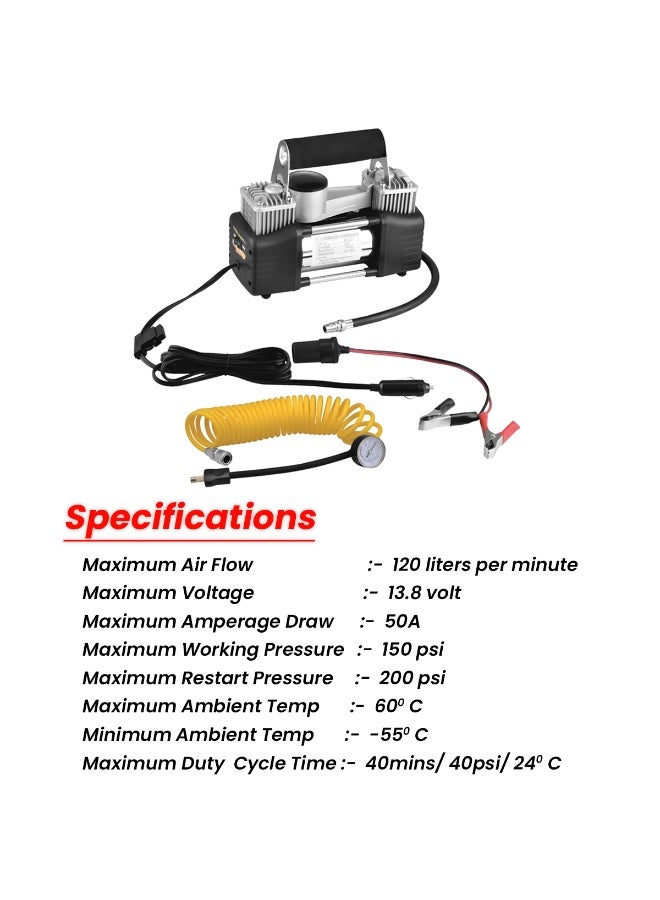 3XR Heavy Duty Double Cylinder Tire Inflator Air Compressor 12V 150PSI Fast Inflation Pump for Car SUV 4x4 Jeep Truck Off-Road Vehicle with Battery Clamps, Cigarette Lighter Plug, Pressure Gauge, Extension Hose, Carry Bag – AC-628A Portable Metal Body Air Pump - Image 2