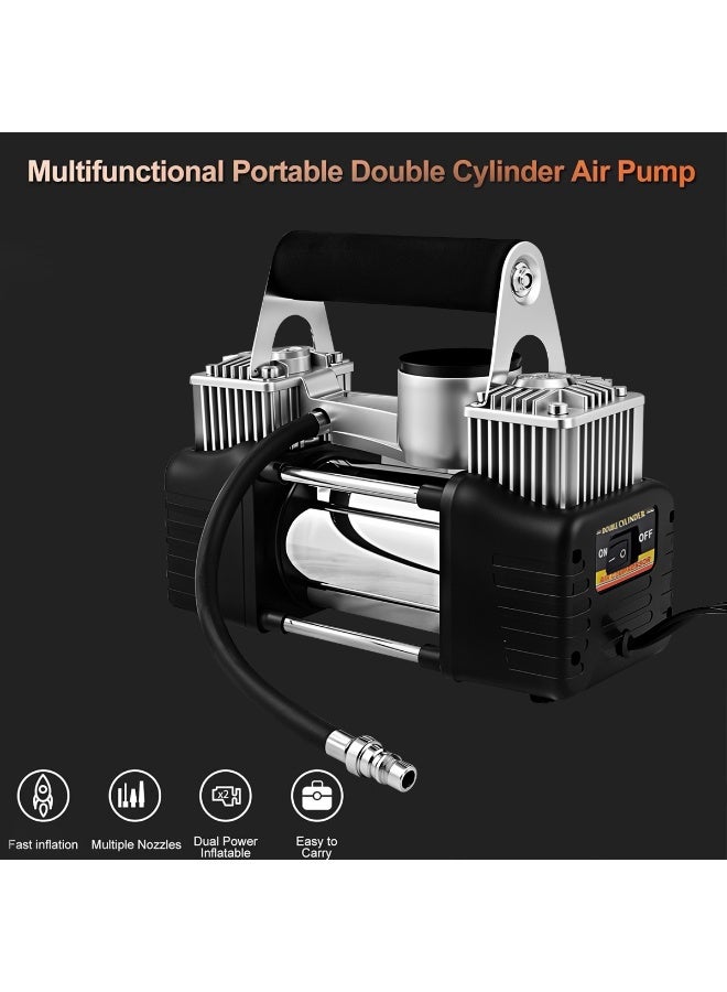 3XR Heavy Duty Double Cylinder Tire Inflator Air Compressor 12V 150PSI Fast Inflation Pump for Car SUV 4x4 Jeep Truck Off-Road Vehicle with Battery Clamps, Cigarette Lighter Plug, Pressure Gauge, Extension Hose, Carry Bag – AC-628A Portable Metal Body Air Pump - Image 3