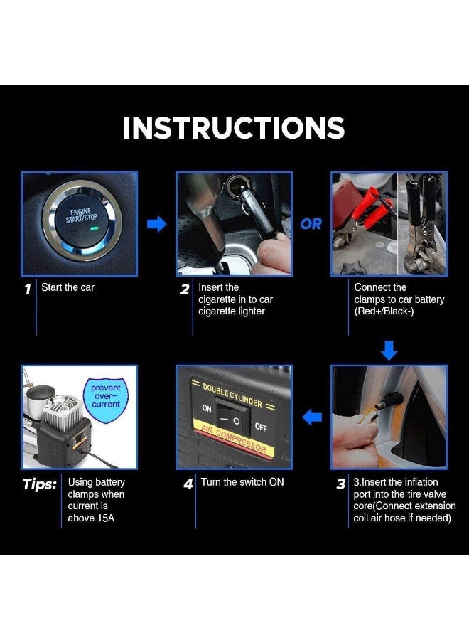 3XR Heavy Duty Double Cylinder Tire Inflator Air Compressor 12V 150PSI Fast Inflation Pump for Car SUV 4x4 Jeep Truck Off-Road Vehicle with Battery Clamps, Cigarette Lighter Plug, Pressure Gauge, Extension Hose, Carry Bag – AC-628A Portable Metal Body Air Pump - Image 4