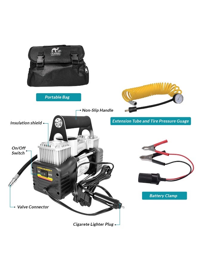 3XR Heavy Duty Double Cylinder Tire Inflator Air Compressor 12V 150PSI Fast Inflation Pump for Car SUV 4x4 Jeep Truck Off-Road Vehicle with Battery Clamps, Cigarette Lighter Plug, Pressure Gauge, Extension Hose, Carry Bag – AC-628A Portable Metal Body Air Pump - Image 5