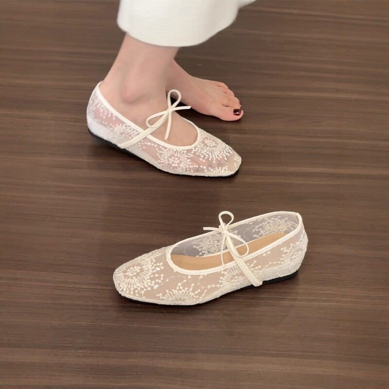 Women's Breathable Mesh Embroidery Square Toe Ballet Flats - Image 4