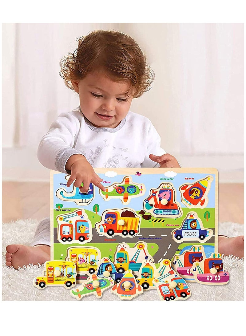 Wooden Peg Puzzles for Toddlers Kids Educational Learning Toys Preeschool Peg Puzzles Toy 3 Pcs Toddler Puzzles Set Traffic Animals and Ocean Great Gift for Girls and Boys - Image 5