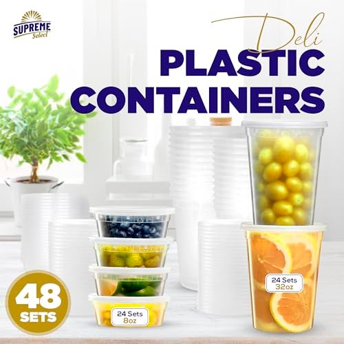 Supreme Select Supreme Deli Plastic Storage Containers with Lids 8 oz & 32 oz [24 sets of each - 48 combo pack] Reusable Food Containers -Microwavable & Freezer friendly - Dishwasher safe - Secure & Tight Covers - Image 2