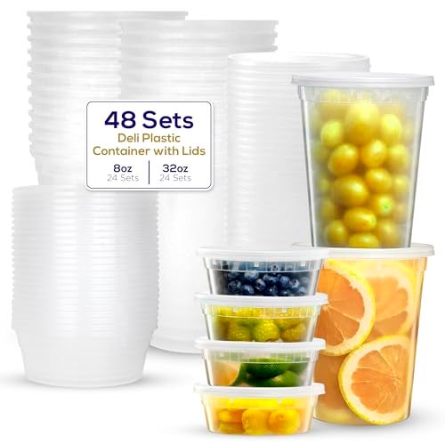 Supreme Select Supreme Deli Plastic Storage Containers with Lids 8 oz & 32 oz [24 sets of each - 48 combo pack] Reusable Food Containers -Microwavable & Freezer friendly - Dishwasher safe - Secure & Tight Covers - Image 1