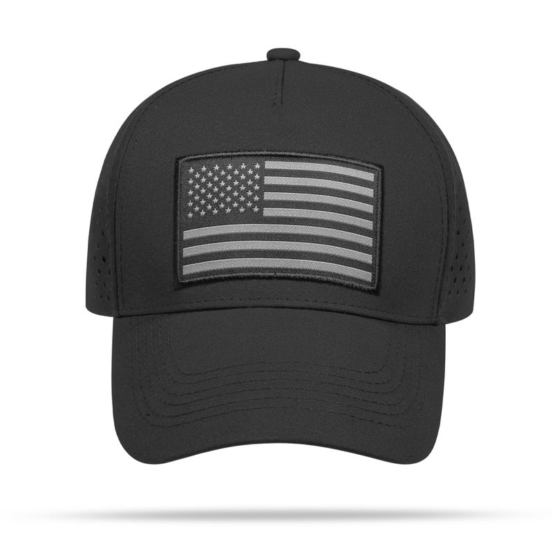 UALON American Flag Trucker Hat, Quick Dry Baseball Cap for Men & Women, Laser Cut Mesh Waterproof Snapback Hats Black - Image 2