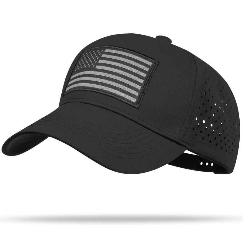 UALON American Flag Trucker Hat, Quick Dry Baseball Cap for Men & Women, Laser Cut Mesh Waterproof Snapback Hats Black - Image 1