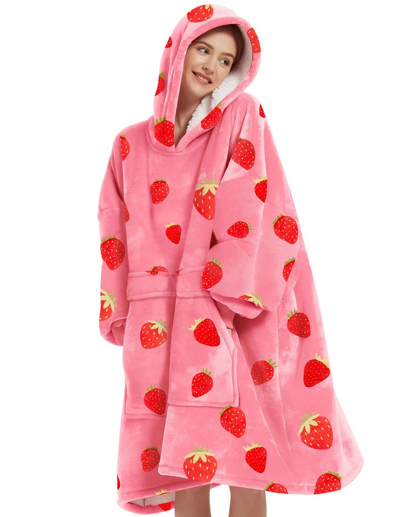 KFUBUO Wearable Blanket Hoodie for Adults Sherpa All Patterns Oversized Sweatshirt Blanket with Pockets Cute Birthday Gifts for Sister Strawberry - Image 1