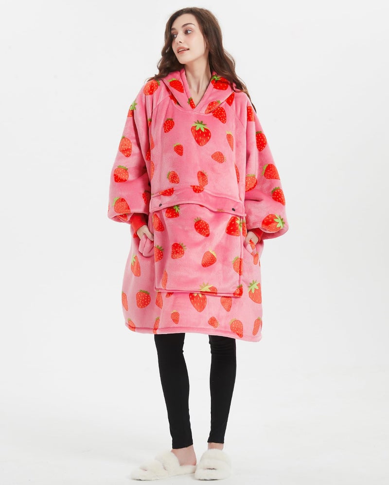 KFUBUO Wearable Blanket Hoodie for Adults Sherpa All Patterns Oversized Sweatshirt Blanket with Pockets Cute Birthday Gifts for Sister Strawberry - Image 3