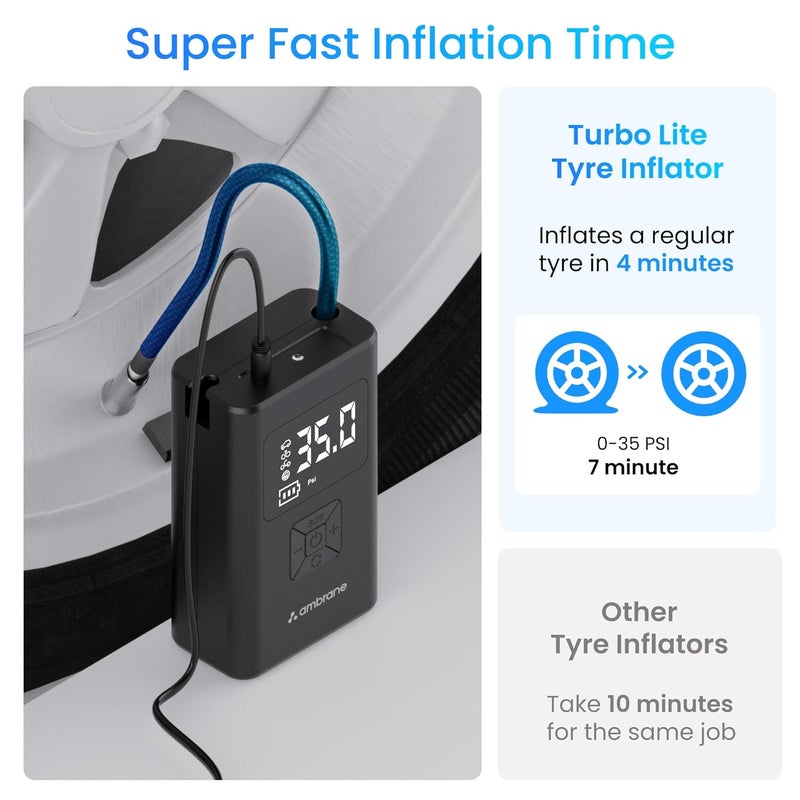 AMBRANE مضخة هواء لتضخيم الإطارات سلكية للسيارات مع شاشة رقمية وضوء LED، 60 واط حتى 100 PSI، ضاغط هواء محمول، مع فوهات للسيارة، الدراجة، الدراجة النارية، كرة رياضية (تيربو لايت أسود) - Image 4