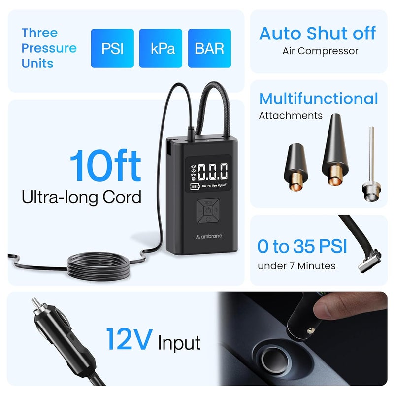 AMBRANE مضخة هواء لتضخيم الإطارات سلكية للسيارات مع شاشة رقمية وضوء LED، 60 واط حتى 100 PSI، ضاغط هواء محمول، مع فوهات للسيارة، الدراجة، الدراجة النارية، كرة رياضية (تيربو لايت أسود) - Image 2