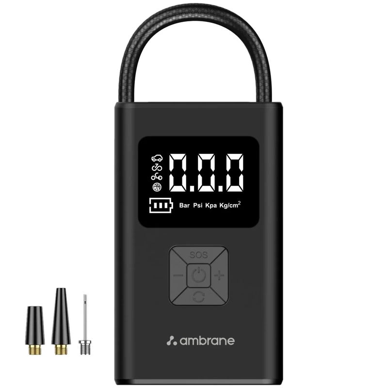 AMBRANE مضخة هواء لتضخيم الإطارات سلكية للسيارات مع شاشة رقمية وضوء LED، 60 واط حتى 100 PSI، ضاغط هواء محمول، مع فوهات للسيارة، الدراجة، الدراجة النارية، كرة رياضية (تيربو لايت أسود) - Image 1