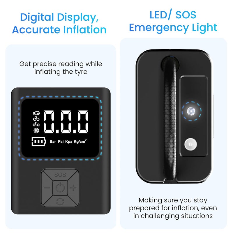 AMBRANE مضخة هواء لتضخيم الإطارات سلكية للسيارات مع شاشة رقمية وضوء LED، 60 واط حتى 100 PSI، ضاغط هواء محمول، مع فوهات للسيارة، الدراجة، الدراجة النارية، كرة رياضية (تيربو لايت أسود) - Image 3