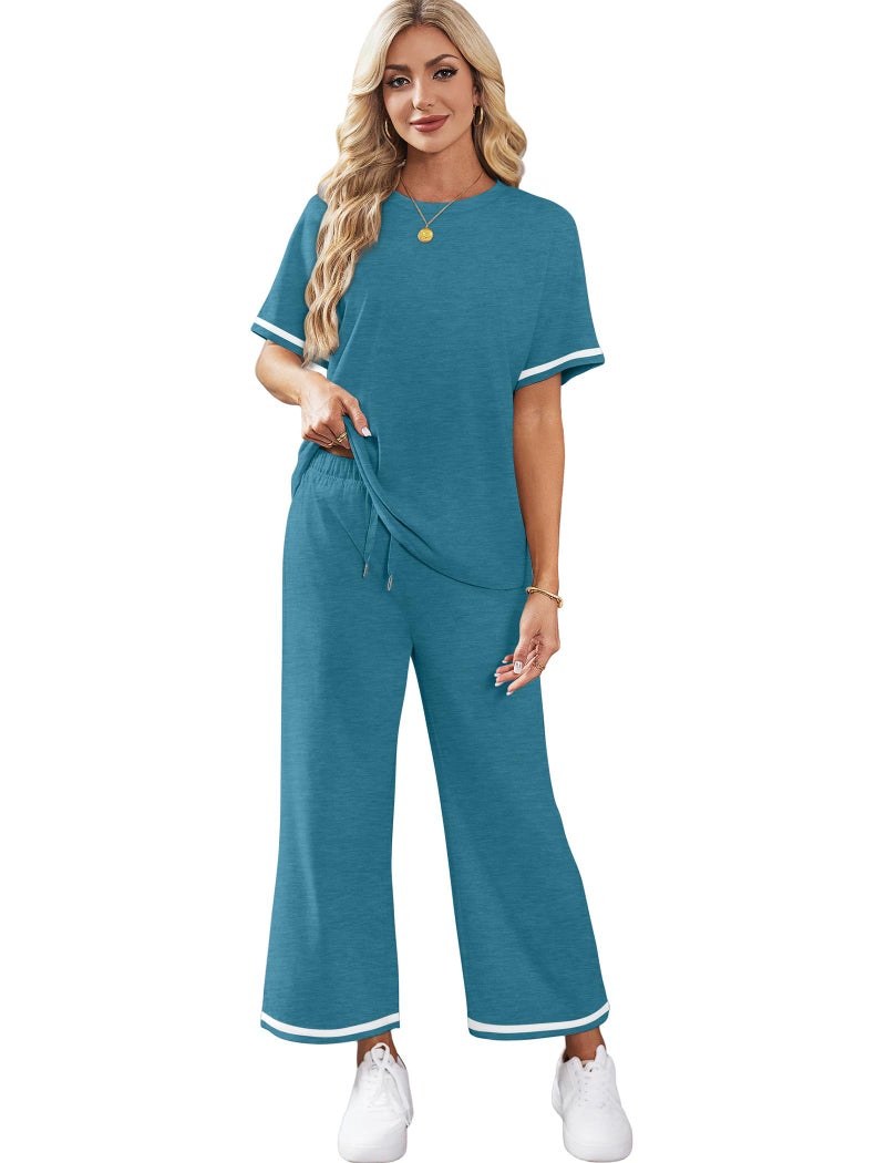 Sampeel 2 Piece Travel Outfits for Women Baggy Comfy Wide Leg Pants Loungewear Short Sleeve Lounge Sets Summer Tracksuit Women's Spring Track Suit Loose Fit Vacation Clothes Blue XXL - Image 4