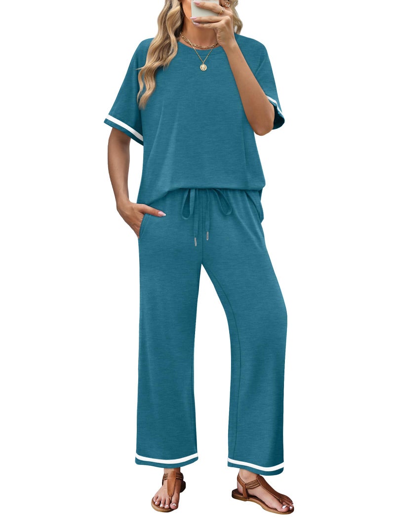 Sampeel 2 Piece Travel Outfits for Women Baggy Comfy Wide Leg Pants Loungewear Short Sleeve Lounge Sets Summer Tracksuit Women's Spring Track Suit Loose Fit Vacation Clothes Blue XXL - Image 1