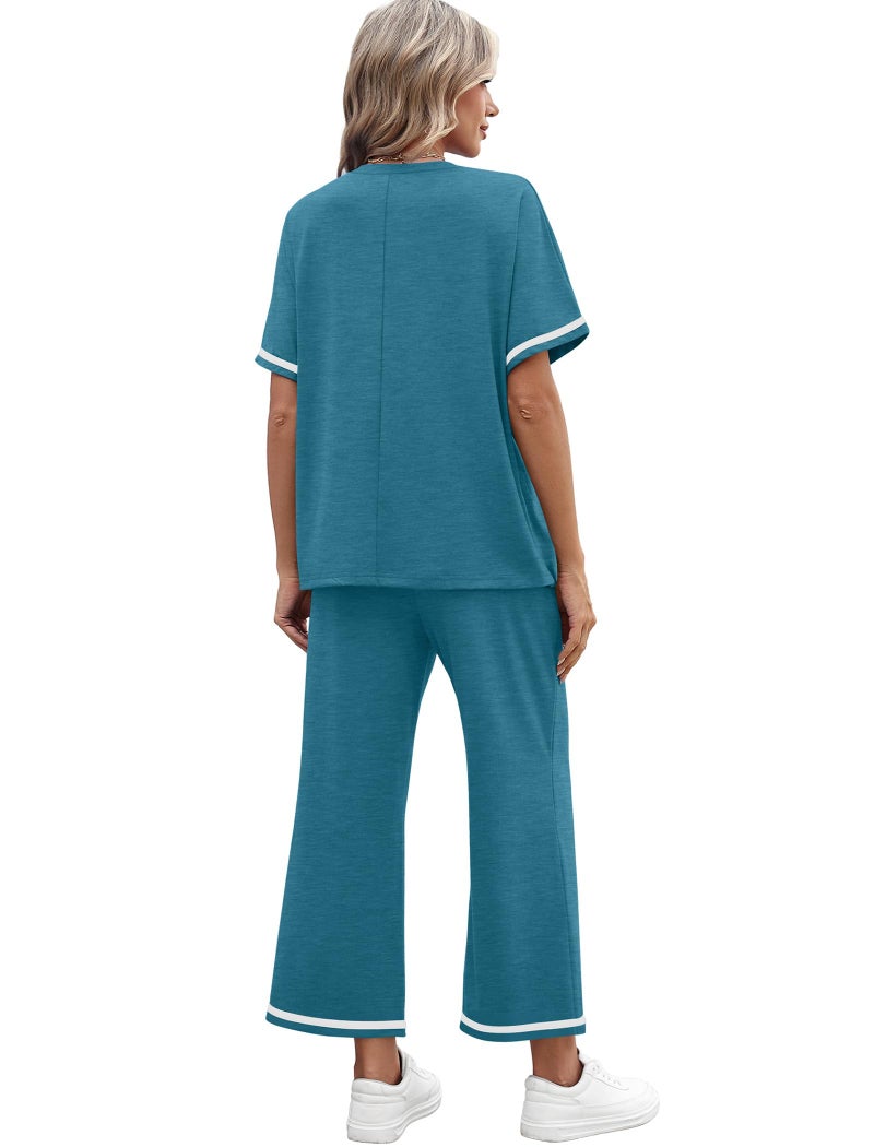 Sampeel 2 Piece Travel Outfits for Women Baggy Comfy Wide Leg Pants Loungewear Short Sleeve Lounge Sets Summer Tracksuit Women's Spring Track Suit Loose Fit Vacation Clothes Blue XXL - Image 5