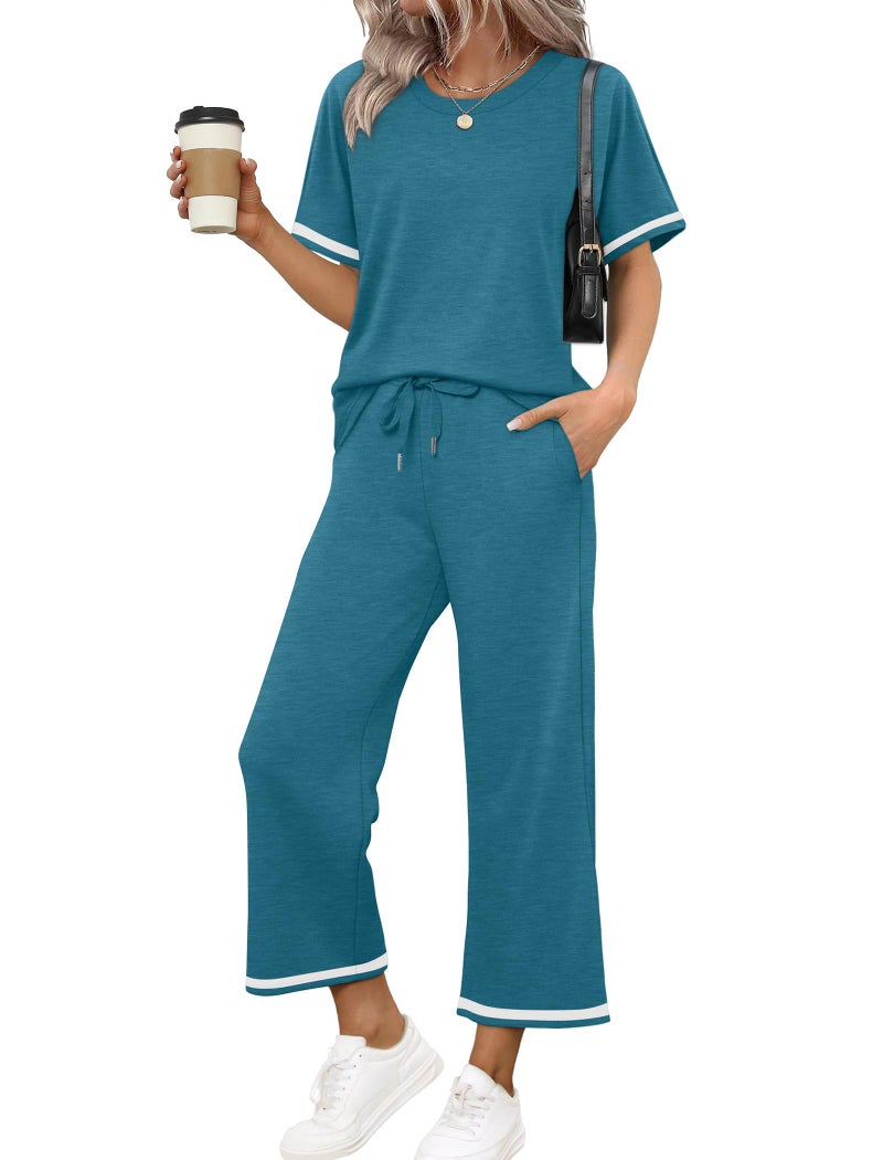 Sampeel 2 Piece Travel Outfits for Women Baggy Comfy Wide Leg Pants Loungewear Short Sleeve Lounge Sets Summer Tracksuit Women's Spring Track Suit Loose Fit Vacation Clothes Blue XXL - Image 2