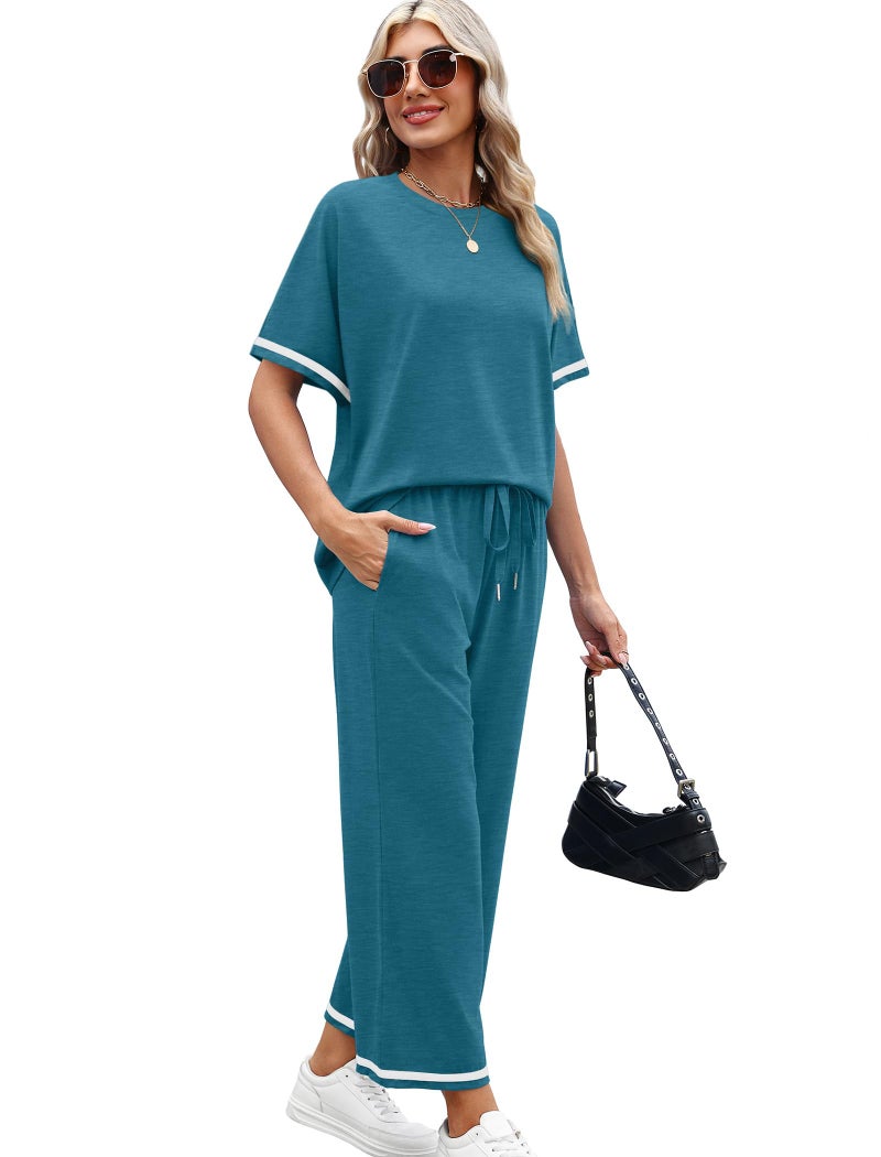 Sampeel 2 Piece Travel Outfits for Women Baggy Comfy Wide Leg Pants Loungewear Short Sleeve Lounge Sets Summer Tracksuit Women's Spring Track Suit Loose Fit Vacation Clothes Blue XXL - Image 3