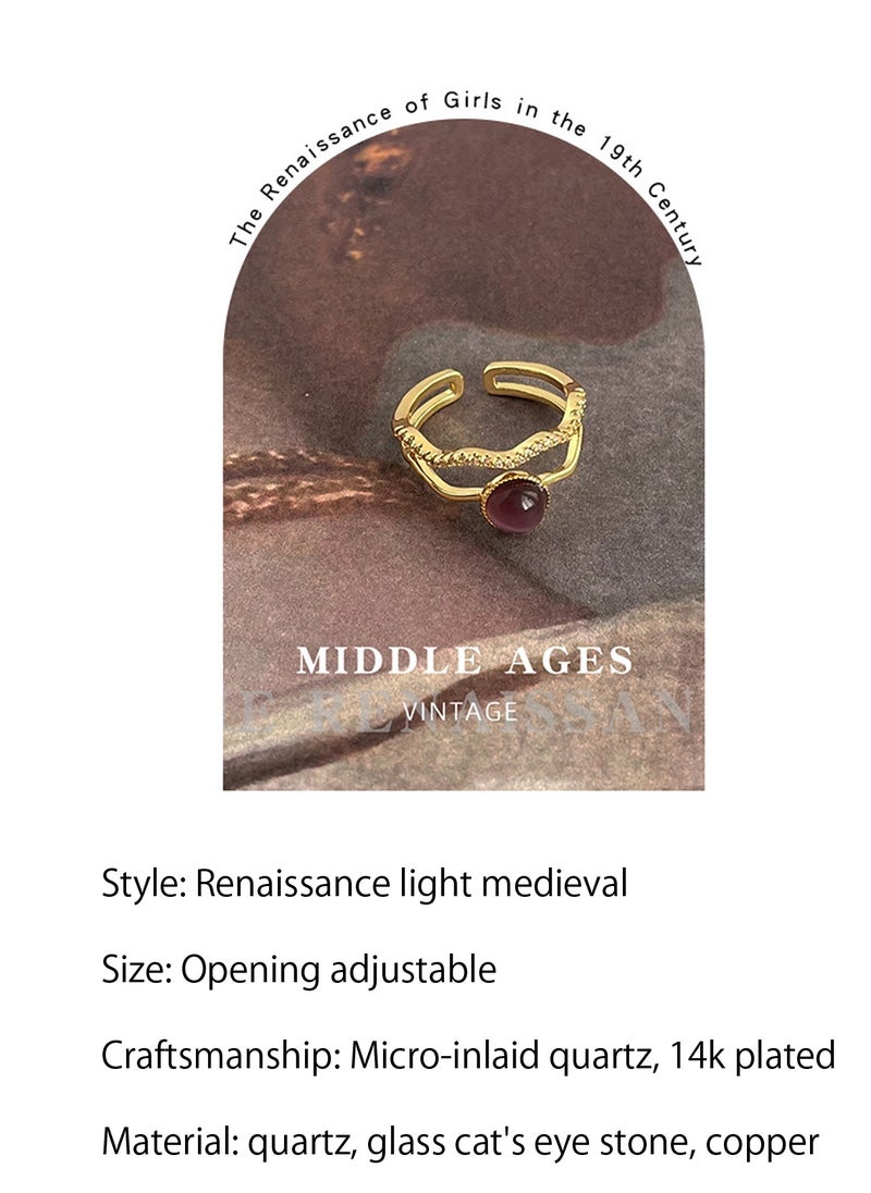 LOOPITYS Light medieval zircon purple cat eye stone index finger, 14k gold-plated adjustable handmade ring, light medieval French court style daily fashion, cat eye stone ring, hollowed out gold and silver ring  - Image 3