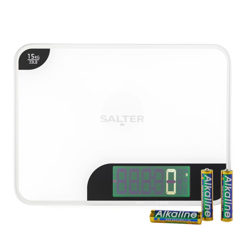 Salter High Capacity Kitchen Scale  Digital Baking Scale 15kg Capacity Food Scale Chop and Weigh Ingredients Measures Liquids Add  Weigh Tare Function XL Glass Platform LED Display
