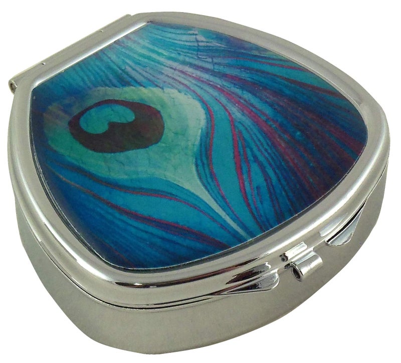 Houder Designer Pill Box - Decorative Pill Case with Gift Box - Carry Your Meds in Style (Peacock Feather) - Image 3