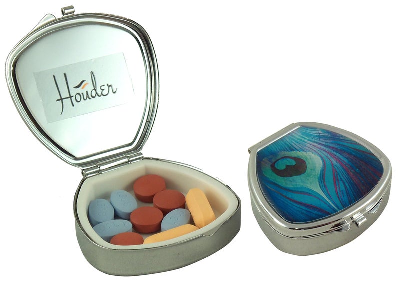 Houder Designer Pill Box - Decorative Pill Case with Gift Box - Carry Your Meds in Style (Peacock Feather) - Image 2