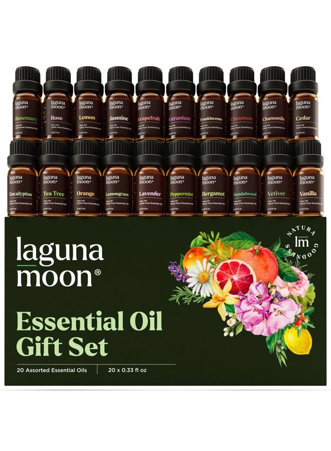 Lagunamoon Essential Oils Set - Top 20 Gift Set Oils for Diffusers, Humidifiers, Massages, Aromatherapy, Candle Making, Skin & Hair Care - Peppermint, Tea Tree, Lavender, Eucalyptus, Lemongrass (10mL) - Image 1