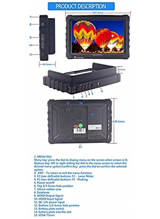 Lilliput A7S شاشة 7" 1920x1200 IPS كاميرا ميدانية مونيتور 4K HDMI إدخال وإخراج فيديو لكاميرا DSLR وكاميرا مرآة سوني A7S II A6500 باناسونيك GH5 كانون 5D مارك IV DJI رونين M أسود VIVITEQ حصرياً - Image 3